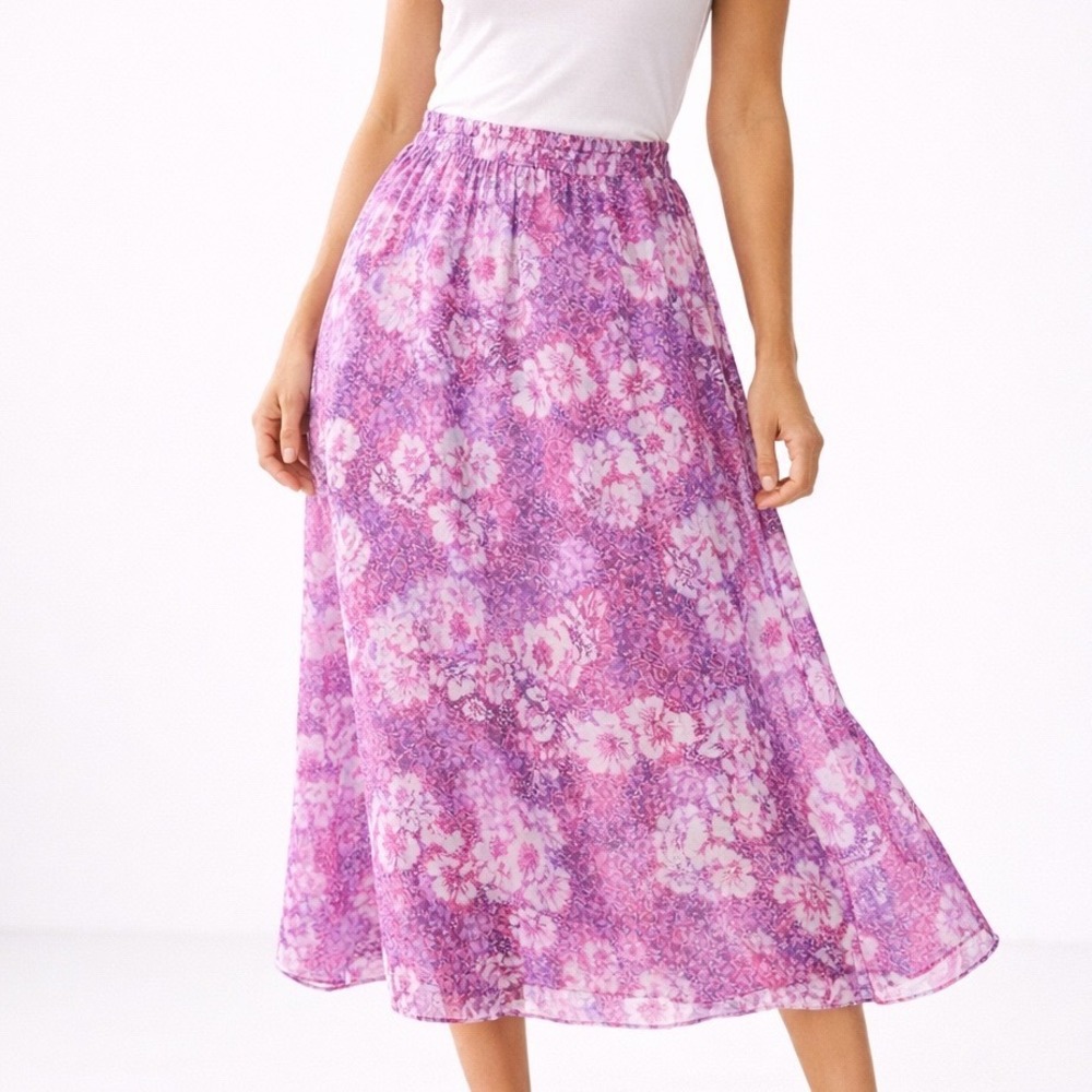 Laura Scott Floral Midi Skirt Womens Medium Pink Purple Chiffon Cottagecore